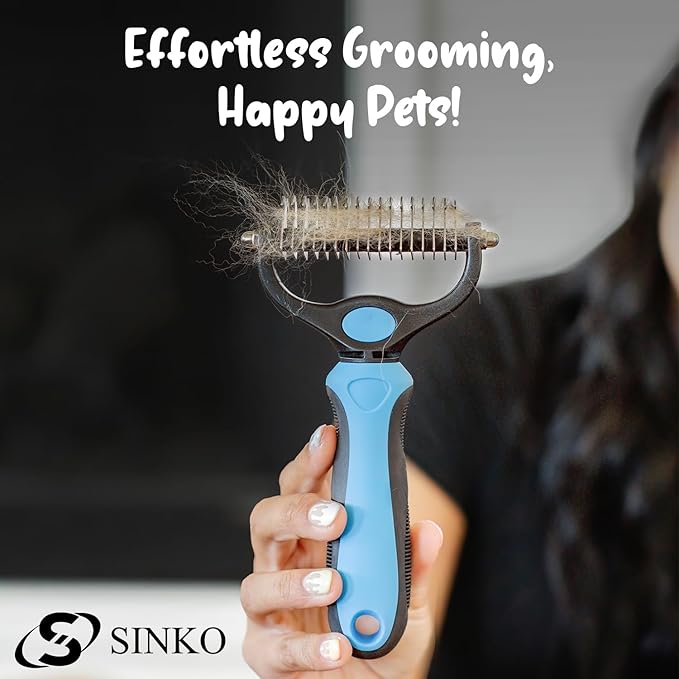Sinko Deshedding Dog and Cat Brush, Dematting Comb with Extra Wide Double-Sided Stainless Teeth for Detangling, Deshedding, Brushing & Removing Shed Fur, Knots, Mats, and Tangles in Pets (Blue)