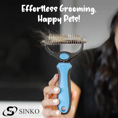 Sinko Deshedding Dog and Cat Brush, Dematting Comb with Extra Wide Double-Sided Stainless Teeth for Detangling, Deshedding, Brushing & Removing Shed Fur, Knots, Mats, and Tangles in Pets (Blue)