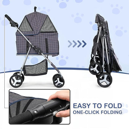 MoNiBloom 3 in 1 Foldable Pet Stroller for Small & Medium Dogs, Detachable Carrier, Car Seat, Push Button Entry, 4-Wheel Jogger for Pets up to 33 lbs, Plaid