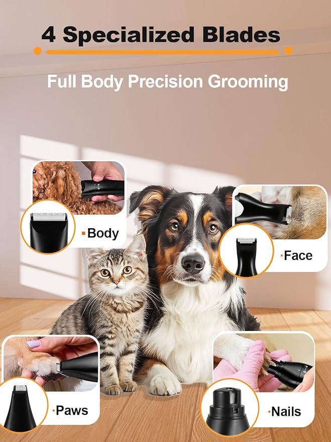 Vitoki Dog Grooming Clippers 4 in 1 Pet Grooming Kit,2-Speed Cordless Dog Clipper with Nail Grinder,USB-C Rechargeable Paw Trimmer for Small Pets, Dogs, Cats,Black