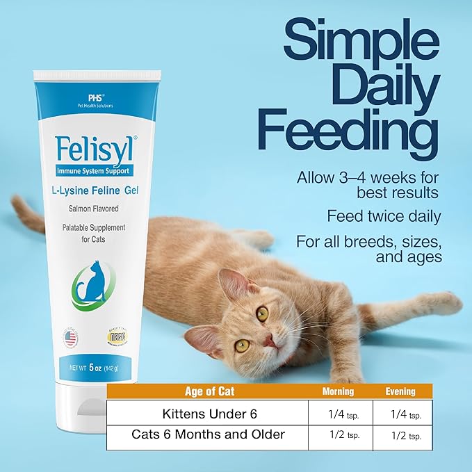 Felisyl L-Lysine Gel for Cats & Kittens (5oz) – Immune System, Respiratory & Eye Health Support. Reduces Sneezing, Runny Nose & Watery Eyes. Daily Salmon-Flavor Supplement – Made in USA (1 Pack)
