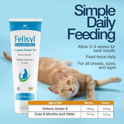 Felisyl L-Lysine Gel for Cats & Kittens (5oz) – Immune System, Respiratory & Eye Health Support. Reduces Sneezing, Runny Nose & Watery Eyes. Daily Salmon-Flavor Supplement – Made in USA (2 Pack)