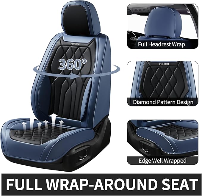 FLORICH Universal Seat Covers for Cars Full Set, Automotive Seat Covers, Waterproof Leather Car Seat Protector Fit for Most Sedans SUV Pick-up Truck- Blue&Black