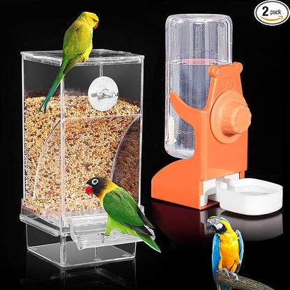 Kenond No Mess Bird Feeders Water Dispenser Set，Automatic Feeders for Cage | Automatic Parrot Feeder Cage Accessories, Clear Seed Container Food Drinker for Cage, for Cockatiel Lovebirds Budgies Canary
