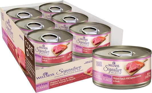 Wellness CORE Signature Selects Flaked Kitten Canned Wet Cat Food, Natural, Protein Rich, Grain Free, Skipjack Tuna and Wild Salmon Entrée Recipe, 2.8 oz, Pack of 12 Cans