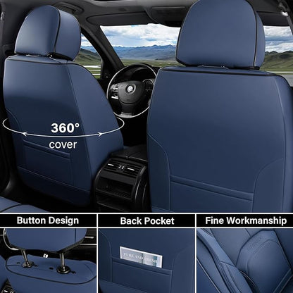 Coverado Car Seat Covers Full Set, Blue Car Seat Cover, Nappa Leather Seat Covers for Cars, Waterproof Car Seat Protector with Lumbar Support, Automotive Seat Covers Universal Fit for Most Cars (Blue)