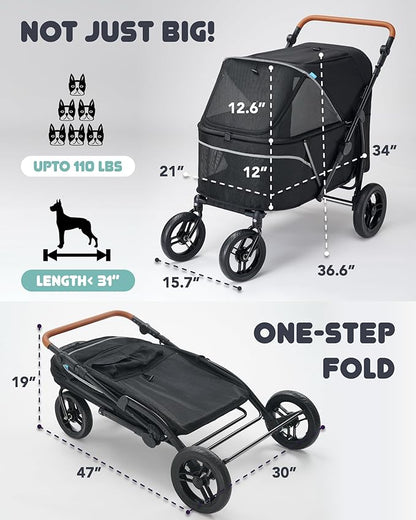 Zoosky Pet Stroller for Large Dogs up to 110lbs, Large Pet Stroller for Multiple Pets, All-Terrain with Adjustable Handle & Mesh Dual-Window, 1680D Waterproof Oxford Fiber