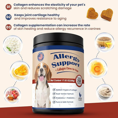 Pet Allergy Relief Chewable Tablets,500count Natural Collagen Drops Dual-Action Formula Joint Health Care with Colostrum Probiotics