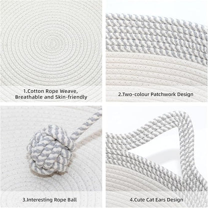 Hand Woven Cat Bed Basket With Toy Tail, Cotton Rope Foldable Sleeping Basket, Kitten Shaped House for Cats, Puppies, Rabbits and Small Pets (Medium, Gray & White)