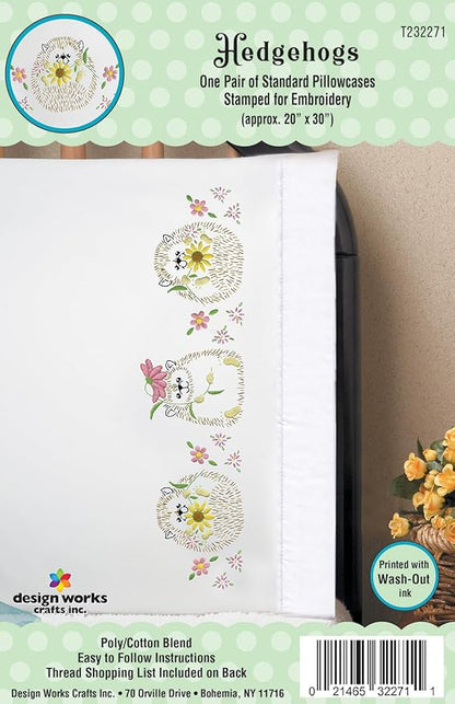 Design Works Crafts Hedgehogs Stamped for Embroidery Pillowcases - Set of 2