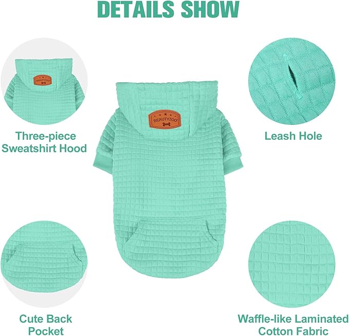 BEAUTYZOO Small Dog Hoodie Sweater with Pockets, Dog Clothes for Small Medium Dogs Boy Girl, Waffle-Like Laminated Cotton Pet Coats with Hat and Leash Hole, Mint Green S