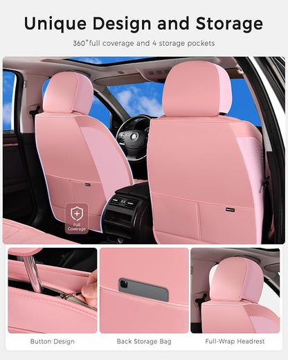 Huidasource Pink Front Seat Covers, Nappa Leather Front Car Seat Covers, Side Elastic Fabric, Compatible with Airbags, Seat Belts, Universal Fit for Most Cars, Vans, Trucks, SUV (Front Pair/Pink)