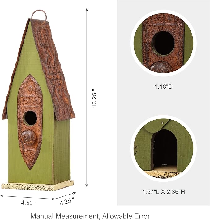 Glitzhome Vintage Hanging Birdhouse - Green Distressed Solid Wood Weatherproof Cottage Bird Shelter & Rustic Decor for Garden/Patio - Ready-to-Hang (13.25")