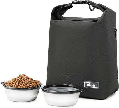 Pet Food Storage Bag Dog Food Travel Bag with 2PCS Collapsible Dog Travel Bowls Waterproof Kibble Storage Container for Road Trips Camping (Black, Small)