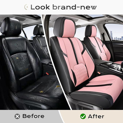 Coverado Leather Seat Cover Full Set, Waterproof Car Seat Covers with Lumbar Support, Front and Rear Seat Covers for Car, Universal Car Seat Protectors Car Seat Cushion Fit for Most Cars (Black&Pink)