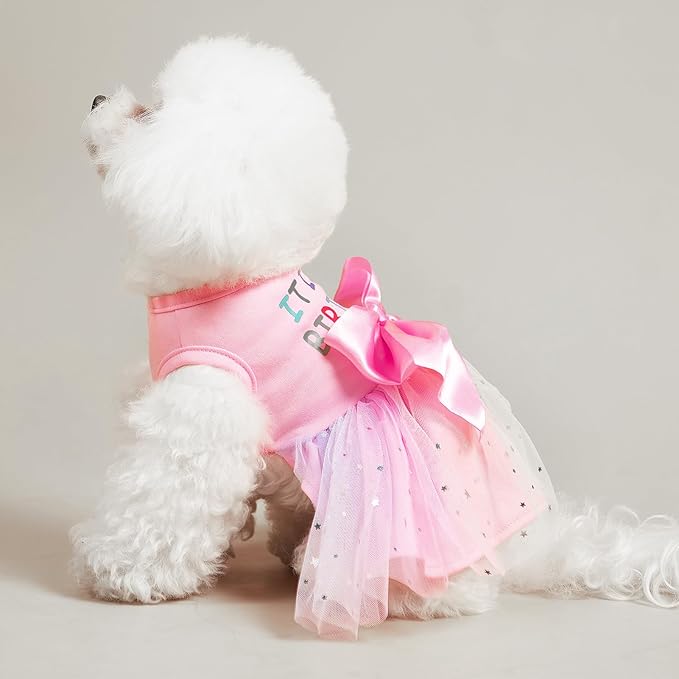 PUPTECK Print Dog Dress Pet Apparel for Birthday with Cute Bowtie Puppy Clothes Outfit, M