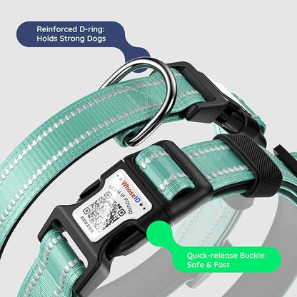 Airtag Dog Collar, Reflective Ultra-Durable Nylon Padded with QR Code Buckle & IP68 Waterproof Air Tag Holder Compatible for Apple AirTag, Comfortable for Small Medium Large Dogs(Green,L)