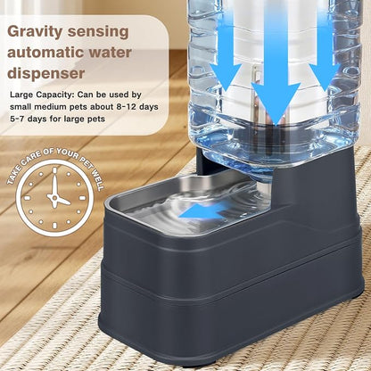 1.1 Gallon Pet Automatic Dog Water Dispenser Cat Gravity Waterer Feeder with Stainless Steel Bowl 8L Large Capacity Puppy Feeding Raised Bowls with Filter,Ice Pack (Charcoal Gray, 4L(1.1 Gallon))
