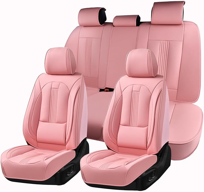 Huidasource Pink Seat Covers, Nappa Leather Car Seat Covers with Lumbar Support, Ventilation Holes, Velcro Adjustable, Airbag, Full-Coverage Seat Covers, Universal Fit for Most Cars SUV Trucks, Pink