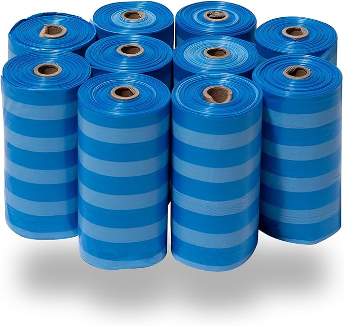 Best Pet Supplies Dog Poop Bags for Waste Refuse Cleanup, Doggy Roll Replacements for Outdoor Puppy Walking and Travel, Leak Proof and Tear Resistant, Thick Plastic - Blue Strips, 150 Bags