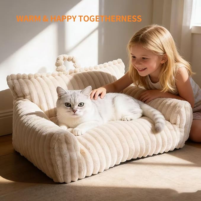 Luxury Plush Cat Couch Bed for Pets with Removable Washable Cover,Supportive Cat Sofa for Indoor Cats & Small Dogs,Plush Pet Couch with Handles (Beige, 24"x18"x10")