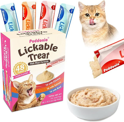 Lickable Cat Treats, High-Meat Puree, Grain & Gum Free, High Protein, No Additives, 0.5oz Tubes (Pack of 48)