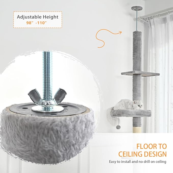 ABCPET Floor to Ceiling Cat Tree,5 Tiers Tall Cat Tower with Adjustable Height(98-110),Cat Tree Floor to Ceiling with Cozy Hammock,Sisal Scratching Posts,Platforms,and Hanging Balls for Large Cats