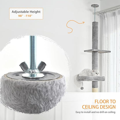 ABCPET Floor to Ceiling Cat Tree,5 Tiers Tall Cat Tower with Adjustable Height(98-110),Cat Tree Floor to Ceiling with Cozy Hammock,Sisal Scratching Posts,Platforms,and Hanging Balls for Large Cats