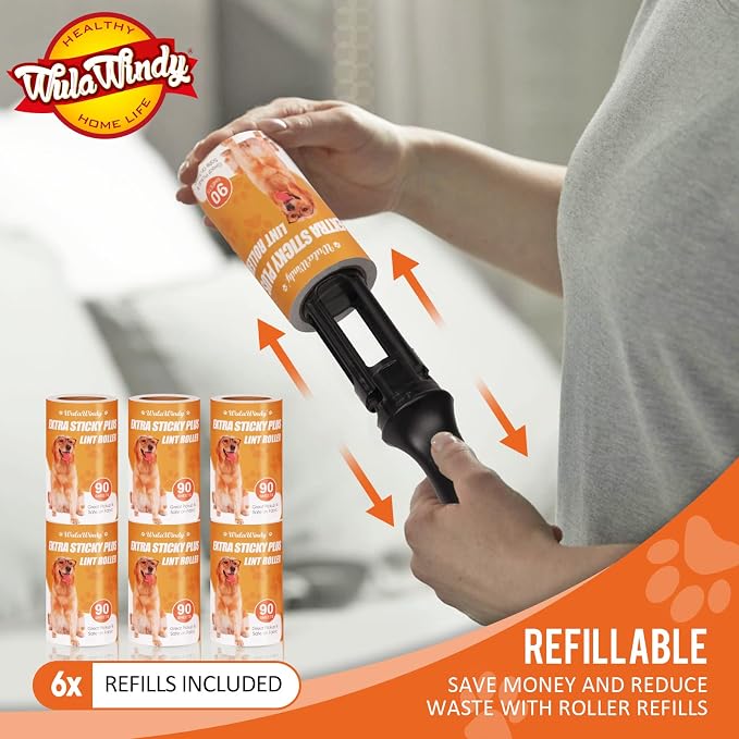 WulaWindy Extra Sticky Lint Rollers for Pet Hair, 8 Rolls, 2 Handles | Extra-sticky lint rollers with 8 rolls and 2 reusable handles for pet hair, lint and dust on clothes, sofas and furniture.