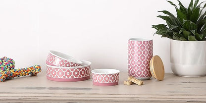 Bone Dry Lattice Collection Pet Bowl & Canister, Large Set, 7.5x2.4 inches, Rose, 2 Piece