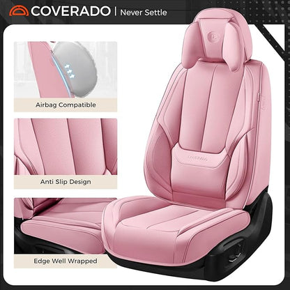 Coverado Seat Covers, Car Seat Covers Front Seats, Car Seat Cover, Car Seat Protector Waterproof, Seat Cushion Nappa Leather with Head Pillow, Carseat Cover Universal Fit for Most Cars (Pink)