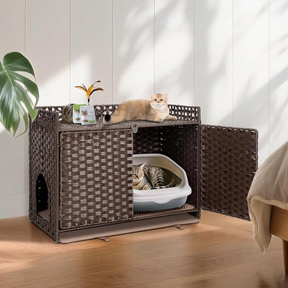 Hidden Cat Litter Box Furniture Enclosure – Handwoven Rattan Pet House with Removable Mat, Large Indoor Cat Litter Box with Elevated Metal Feet (30.3x18.2x24.5in), Modern Design for Living Room,Brown