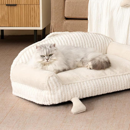 EHEYCIGA Washable Dog Beds for Large Dogs 36 Inch - Striped Cat Couch for Indoor Cats with Removable Cover, Shredded Memory Foam Waterproof Puppy Bed with Non - Slip Bottom, Cream