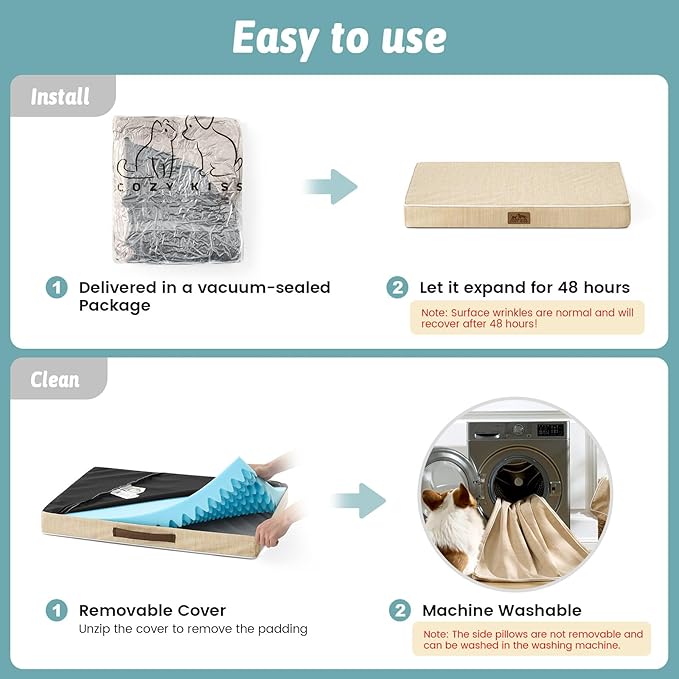 COZY KISS Cooling Dog Bed for Crate, Waterproof Dog Crate Mat with Removable Washable Cover, Orthopedic Egg Crate Foam Support, Dog Crate Bed 29x18x3 Inch,Beige