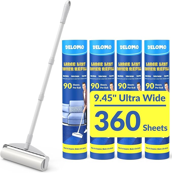 DELOMO 9.45” Large Lint Roller for Pet Hair, Long Handle for Floor & Carpet | 45” Long Lint Roller, 360 Extra Sticky Sheets, No-Bend Cleaning for Couches, Bedding, Car Seats, Rugs and Furniture