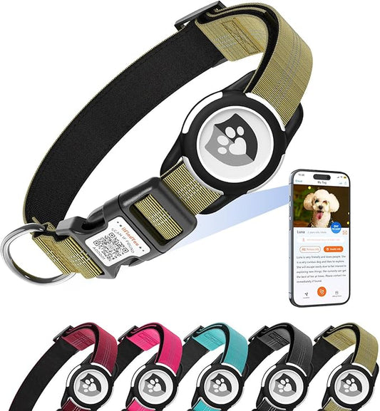 Reflective Dog Collar with AirTag Holder for Puppy Soft Nylon Champagne Sized XS