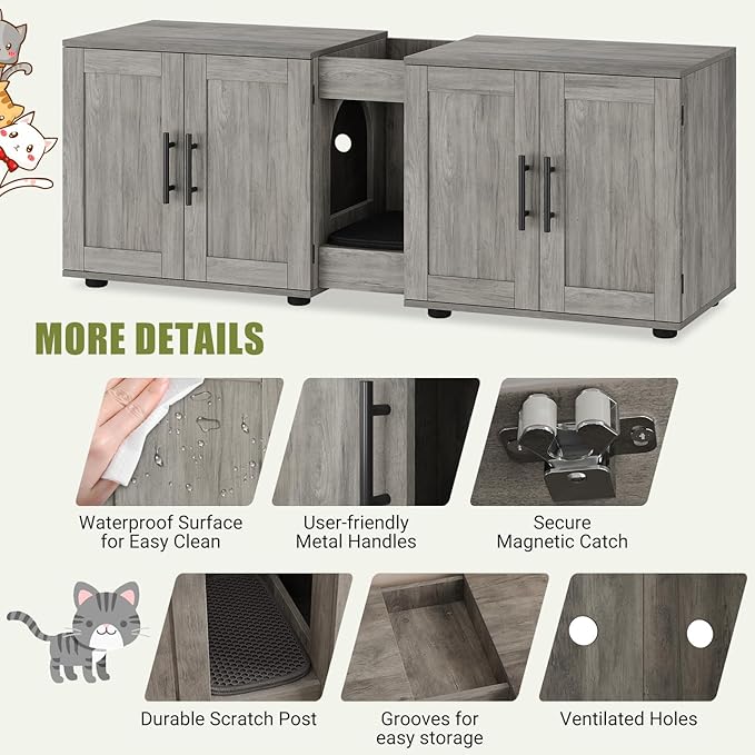 GAOMON Litter Box Enclosure with Double Cage, Cat House,Hidden Litter Box Enclosure Furniture for 2 Cats, Wooden Enclosed Cat Litter Box Furniture,55”L x 17.7”W x 22.5”H, Grey