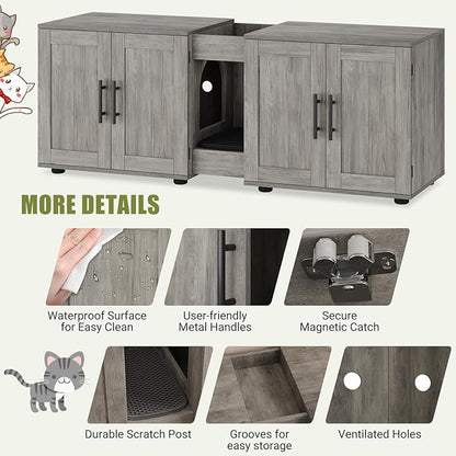 GAOMON Litter Box Enclosure with Double Cage, Cat House,Hidden Litter Box Enclosure Furniture for 2 Cats, Wooden Enclosed Cat Litter Box Furniture,55”L x 17.7”W x 22.5”H, Grey