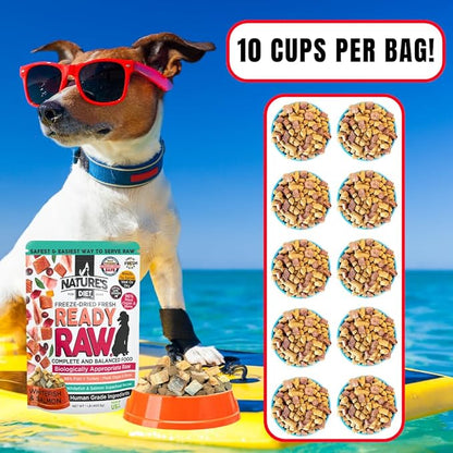 Nature's Diet Ready Raw : Freeze-Dried Raw Dog Food, Salmon & Whitefish, Human Grade, High Pressure Pasteurized (HPP), 96% Meat, Organ, Bone, Safe & Natural, Dry or Wet Feeding