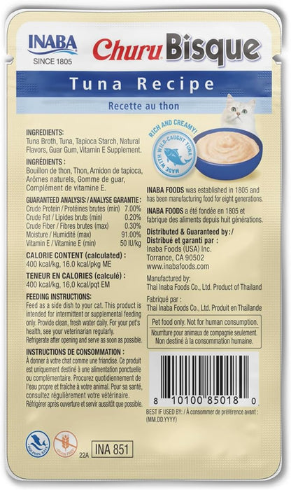 INABA Churu Bisque for Cats,Creamy Lickable Purée Side Dish with Vitamin E,1.4 Ounces per Pouch,Tuna Recipe,(Pack of 24)