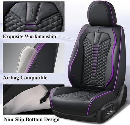 Coverado Leather Seat Covers, Car Seat Covers Full Set, Nappa Leather Seat Covers for Cars, Car Seat Protectors Waterproof, 5 Seats Black&Purple Automotive Seat Covers Fit for Most Cars Trucks