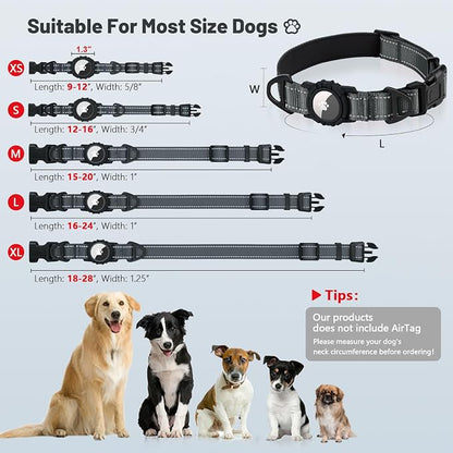 Taglory AirTag Dog Collar with Waterproof Holder for Medium Dogs, Gray, M | Reflective for Night Walks & Low-Light Safety, Track Your Pup Peace of Mind, Adjustable Soft Padded, No More Dangling Tags