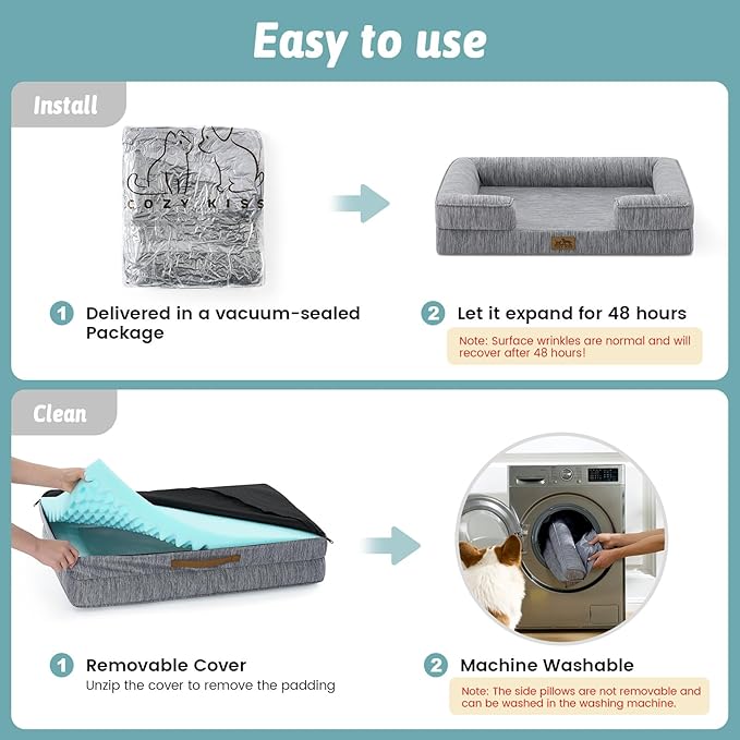 COZY KISS Cooling Dog Bed for Extra Large Dogs 44x32 inch, Q-Max >0.4 Summer Cool Orthopedic Foam Pet Sofa Bed with Sides, XL Size Bolster Anti-Slip Couch with Washable Removable Cover, Dark Grey