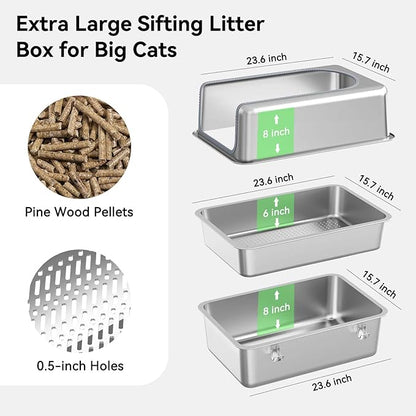 XXL All Stainless Steel Sifting Litter Box for Pine Pellets,Sifting Cat Litter Box with Lid,16''High Sides Metal Sifter Litter Pan System for Big Cats,Odor Control,Easy to Clean