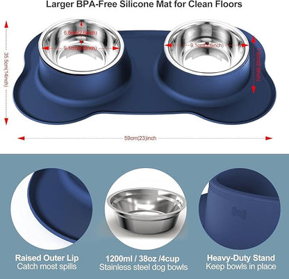 AsFrost Dog Food Bowls Stainless Steel Dog Bowls, Food Water Bowl Set with No Spill Non-Skid Silicone Mat, Dog Dish Double Pet Feeder Bowls for Small Medium Sized Large Dogs Cats Puppy, Blue