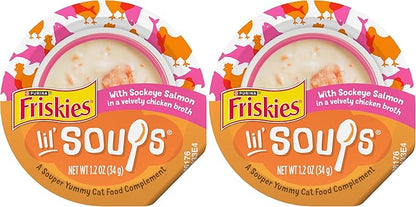 Friskies Purina Grain Free Lickable Cat Food Toppers Lil’ Soups with Sockeye Salmon in Chicken Broth - 1.2 oz. Cups,(Pack of 16)