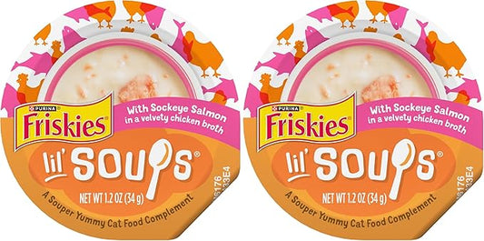 Friskies Purina Grain Free Lickable Cat Food Toppers Lil’ Soups with Sockeye Salmon in Chicken Broth - 1.2 oz. Cups,(Pack of 16)