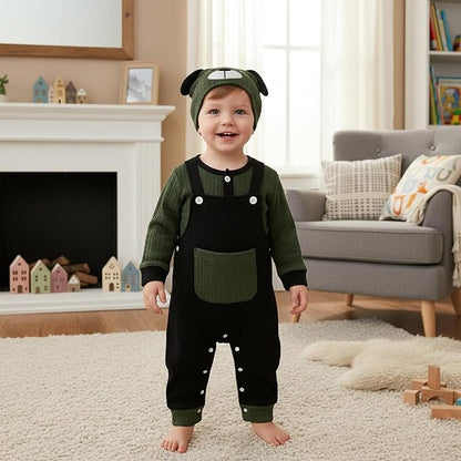 FOCUTEBB Baby Boy Clothes Cute Long Sleeve Romper Infant Pocket Overalls Adjustable Suspender Pants Set 0-18 Months