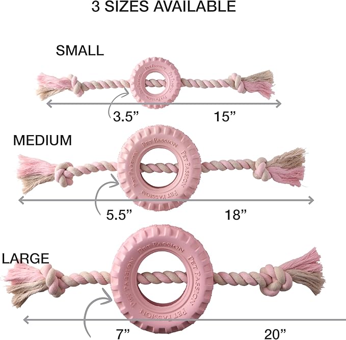 Pet Passion Natural Rubber Tire and Organic Cotton Rope Pull and Chew Dog Toy for All Pet Breeds, Blush, Large