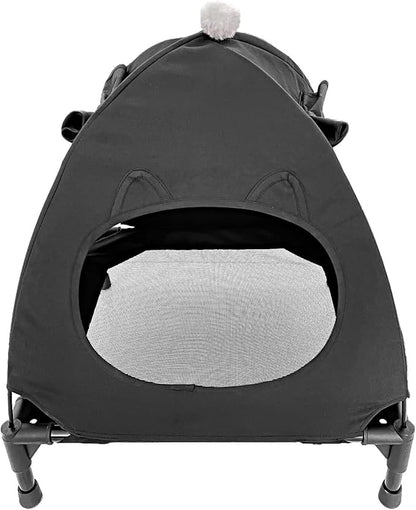 Pozico Elevated Pet Bed with Breathable Mesh for Small Cat and Dog, Raised Cooling Pet Cot for Puppy and Kitty, 18.9x18.9 inch (Black Bed with Canopy)